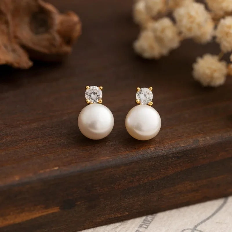 Dainashi 7-8mm Natural Freshwater Pearl Stud Earrings | Dainty Crystal Pearl Jewelry Gift