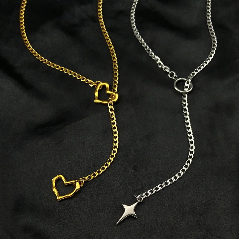 Heart O-ring Long Chain | Stainless Steel Punk Rock Y-Necklace for Men and Women