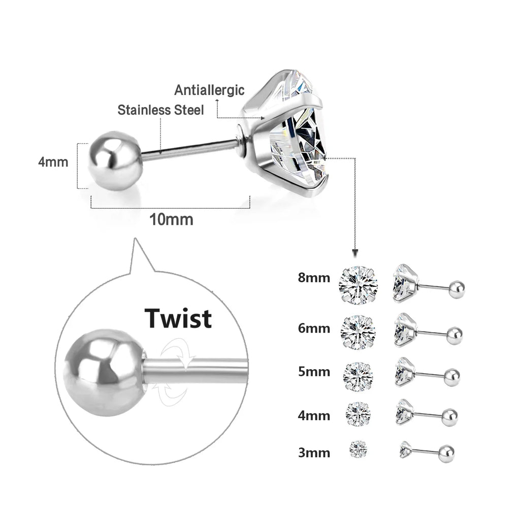 LUXUSTEEL Crystal Zircon Stud Earrings | Screw Back Round CZ Earrings for Men Women