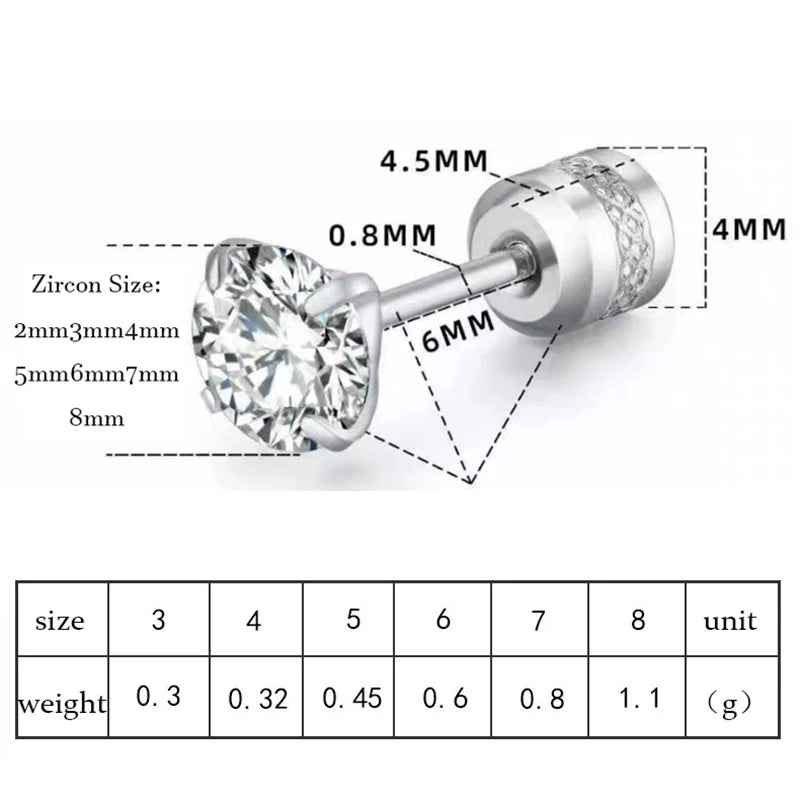 Stainless Steel Titanium Stud Earrings | 4 Color CZ Crystal Screw Back Earrings for Women