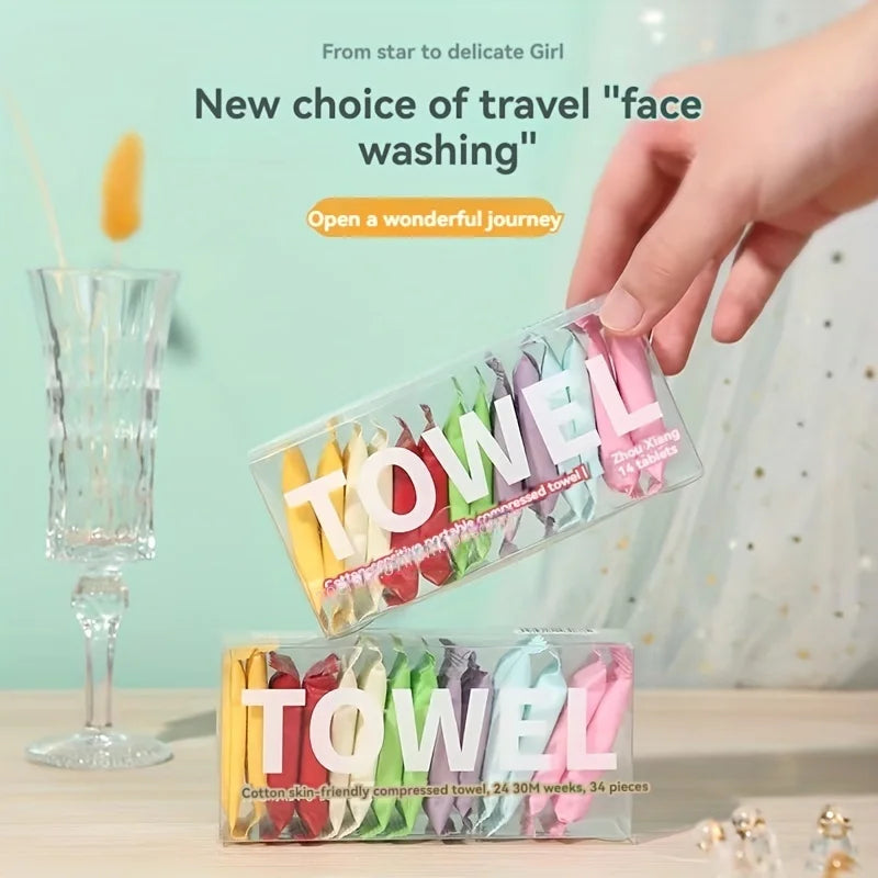 14/7PCS Disposable Compressed Towel Set | Portable Cotton Travel Towel for Face and Body