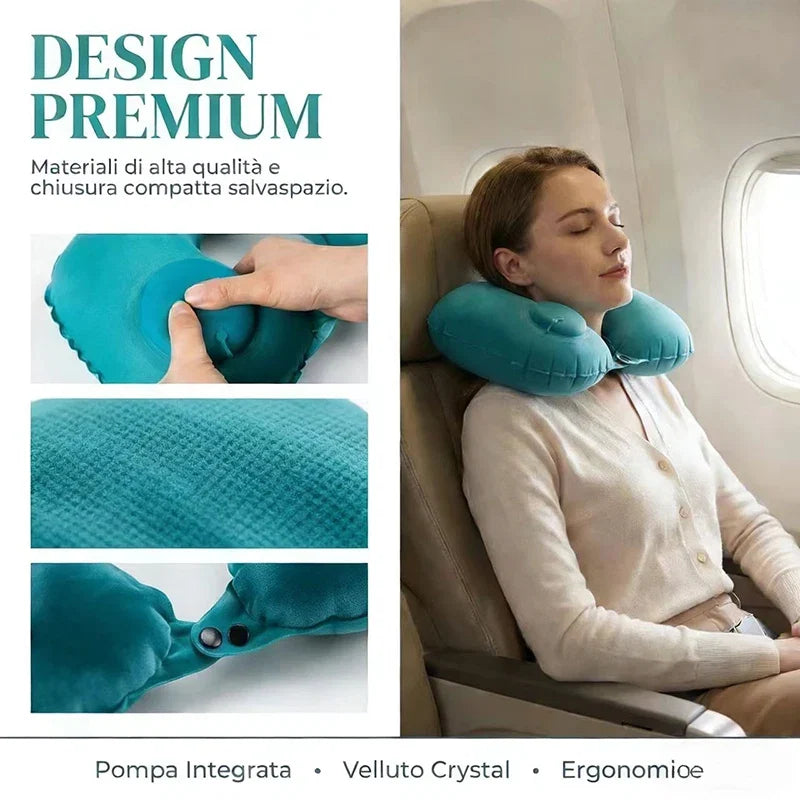 Portable Inflatable U-Shaped Neck Pillow for Travel | Press-Inflatable Neck Support with Built-In Storage