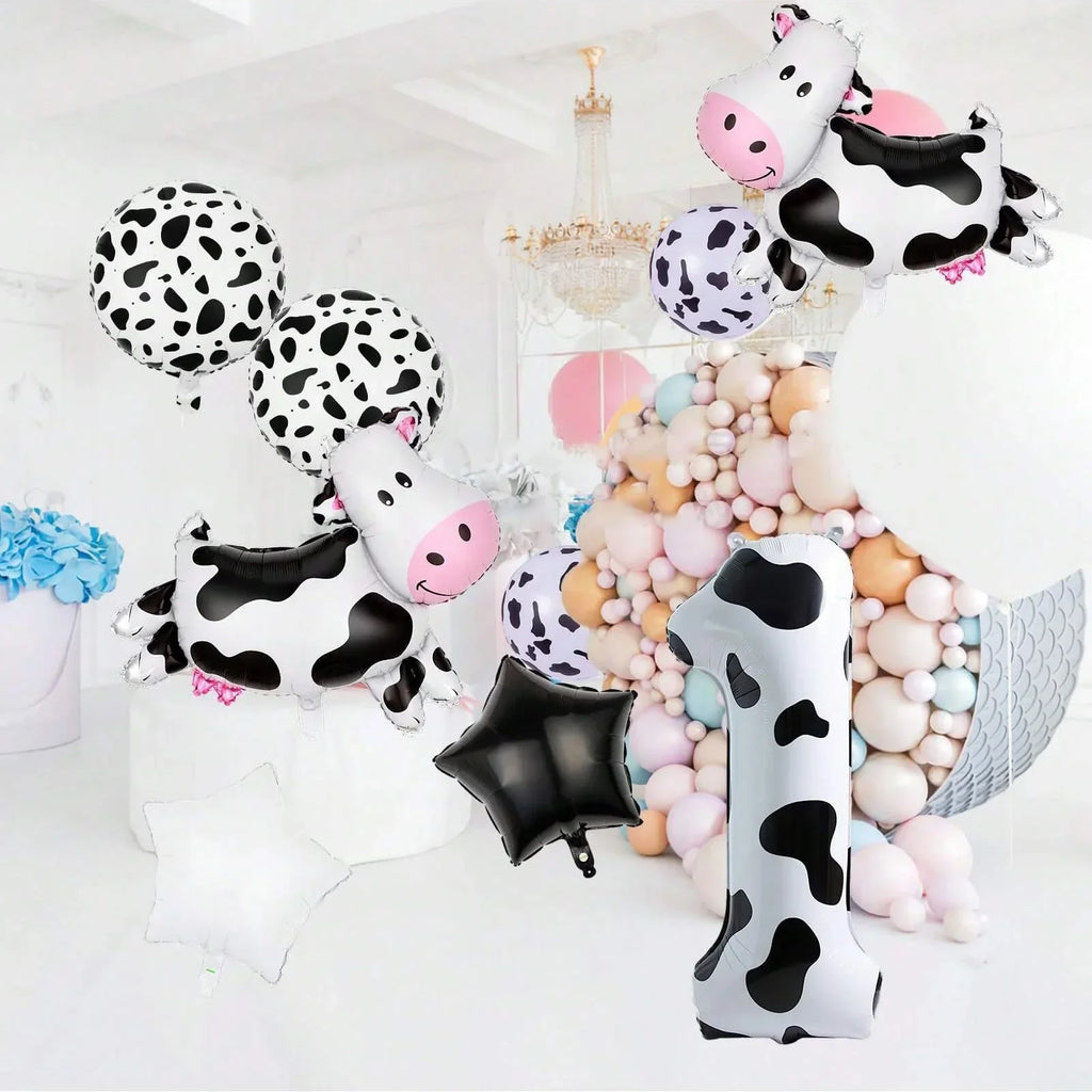 7pcs Big Cow Balloon Set 40 inch Black White Number 0-9 Foil Balloons | Farm Animal Birthday Party Decor