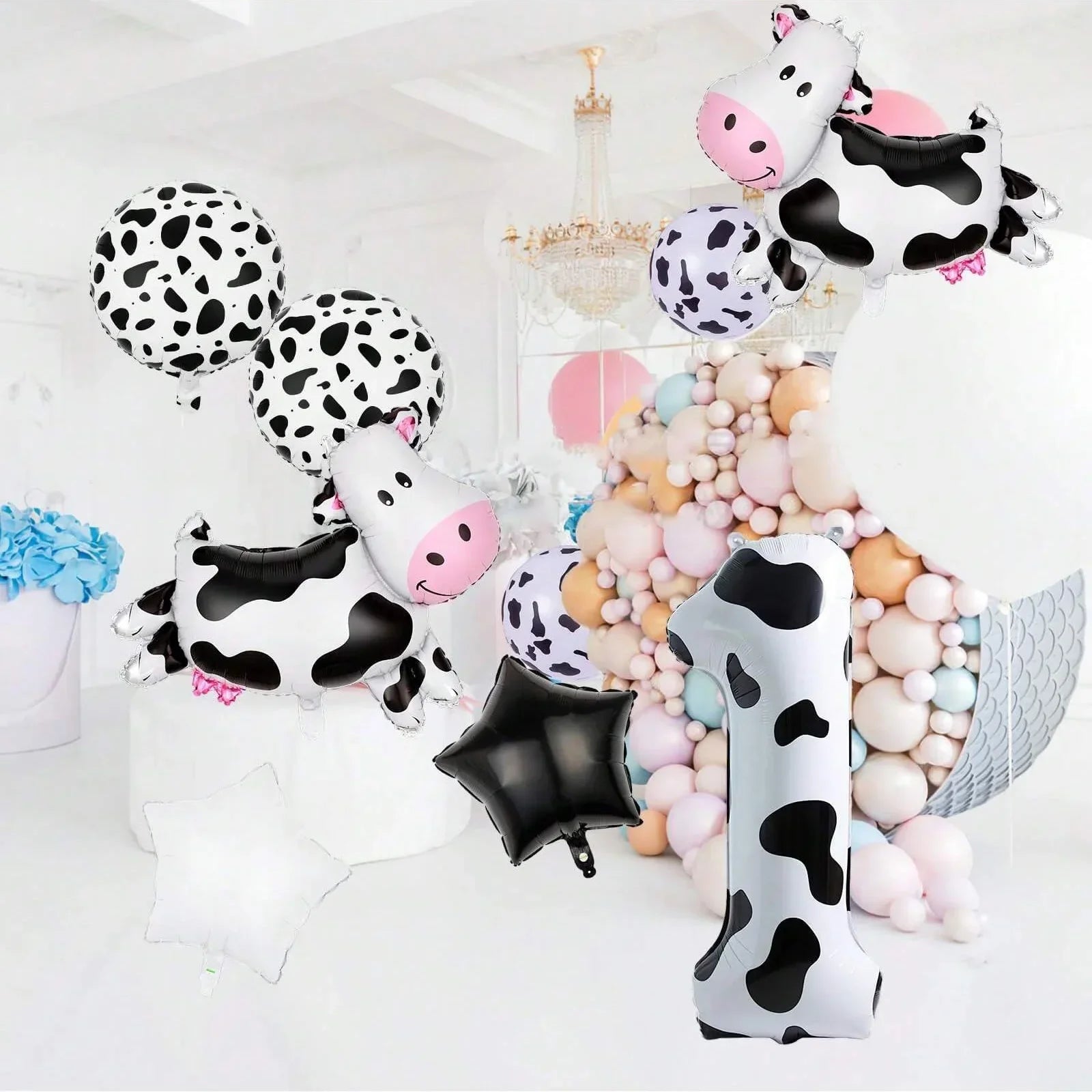 7pcs Big Cow Balloon Set 40 inch Black White Number 0-9 Foil Balloons | Farm Animal Birthday Party Decor