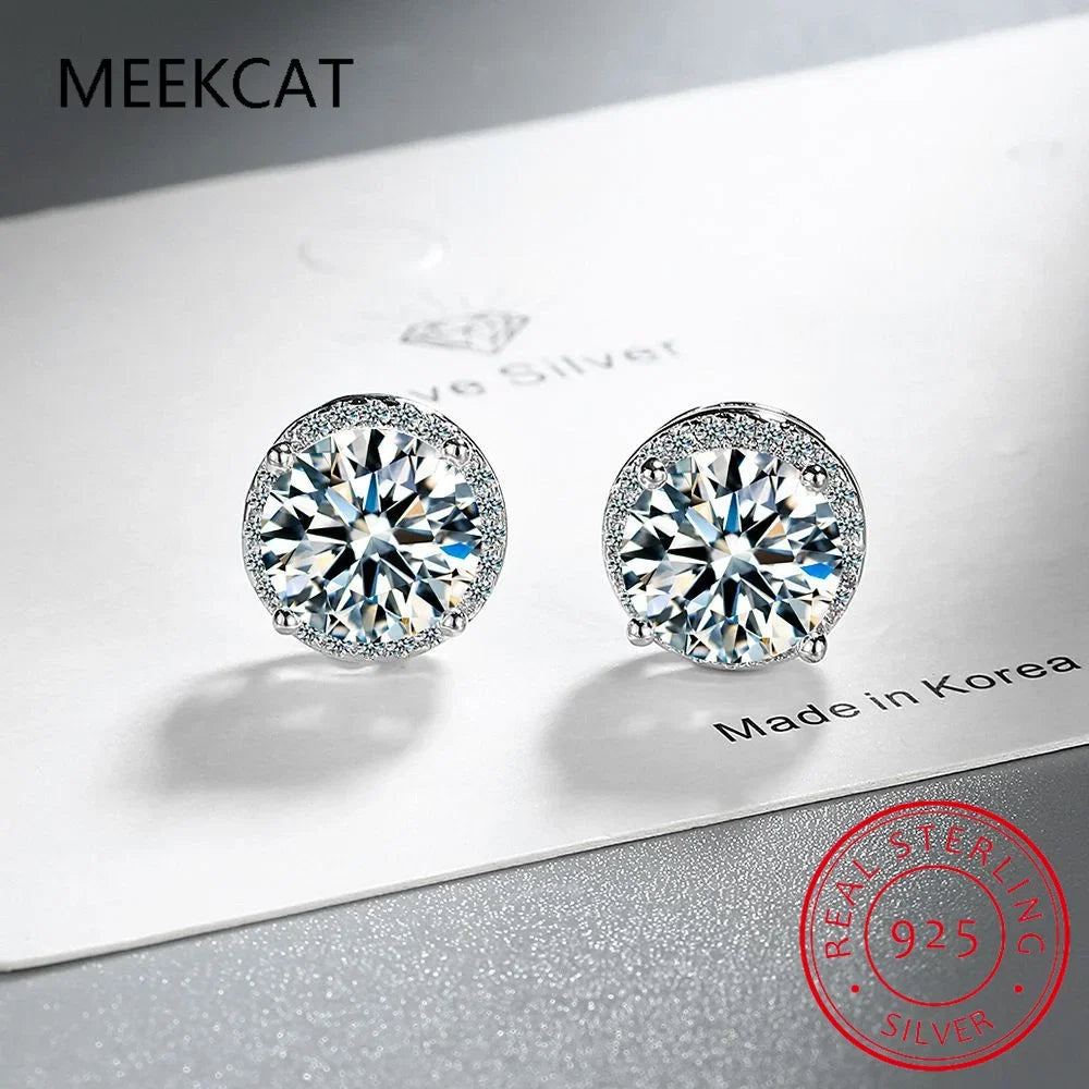 925 Sterling Silver Moissanite Stud Earrings | 2 Carat Round Engagement Wedding Jewelry for Women