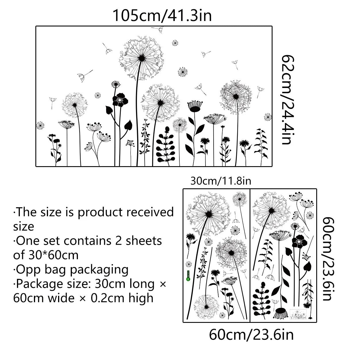 2pcs Dandelion Wall Sticker Set | Self-Adhesive Wall Decor for Bedroom Living Room