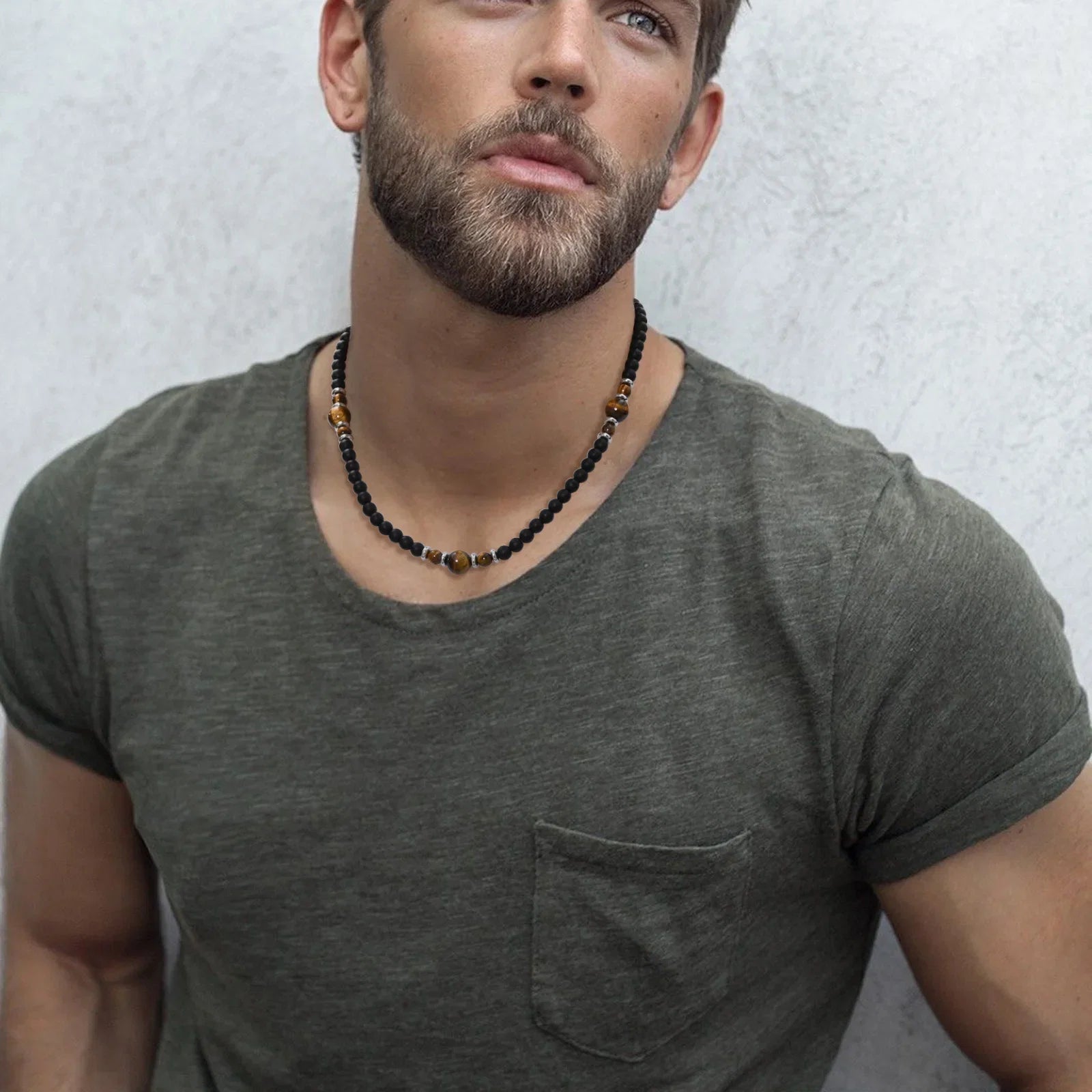 Casual Black Brown Beaded Necklace for Men | Summer Beach Tiger Eye Stone Jewelry