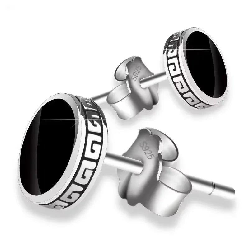 925 Silver Earrings Men Black Circle Single Simple Luxury Earring