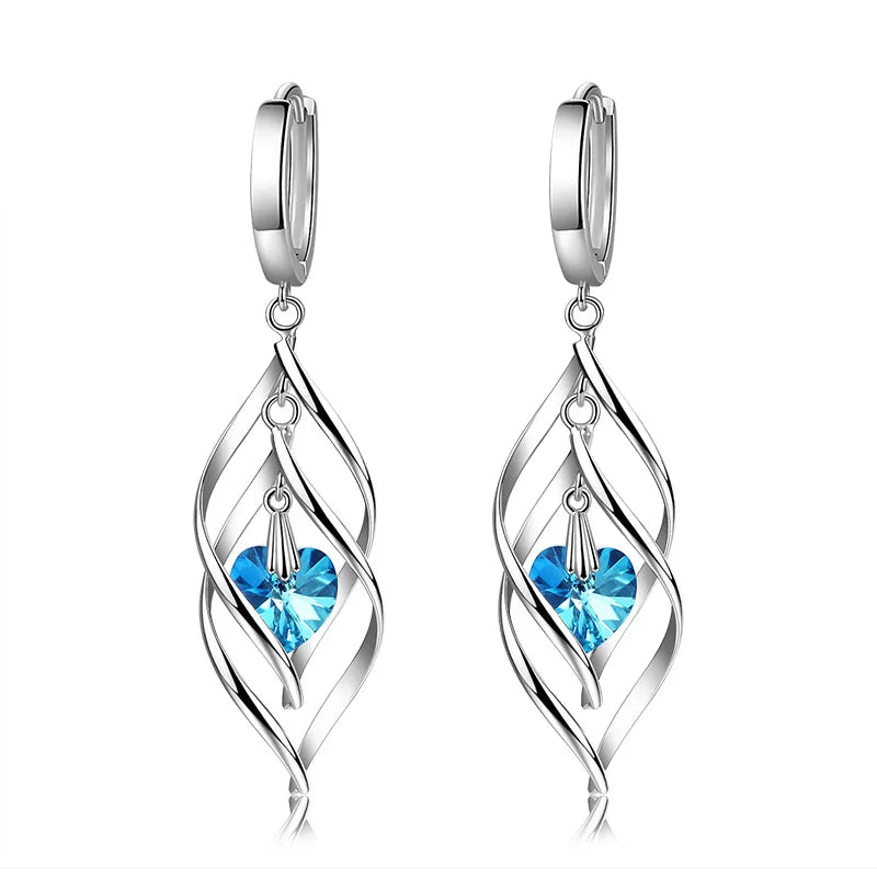 925 Silver Blue Crystal Drop Earrings | Hollow Long Dangle Earrings for Women