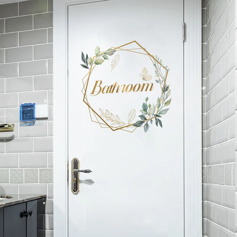 Green Plant Toilet Door Sticker Golden Letter Removable Self-adhesive Waterproof PVC Bathroom Decoration Decal