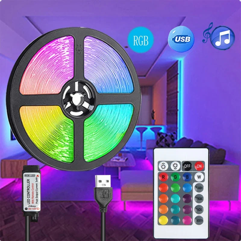 5V LED Strip Light 1-5M RGB with USB and 24 Key Remote | Color Changing Decorative Lighting