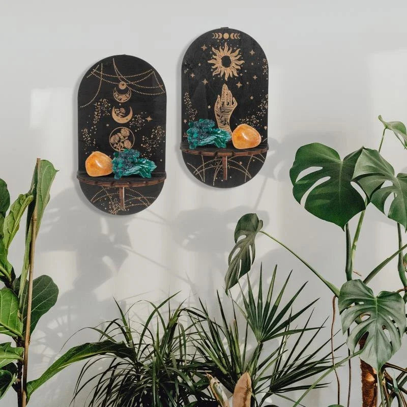 Wooden Crystal Shelf Display Stand | Bohemian Wall Rack for Stones and Jewelry
