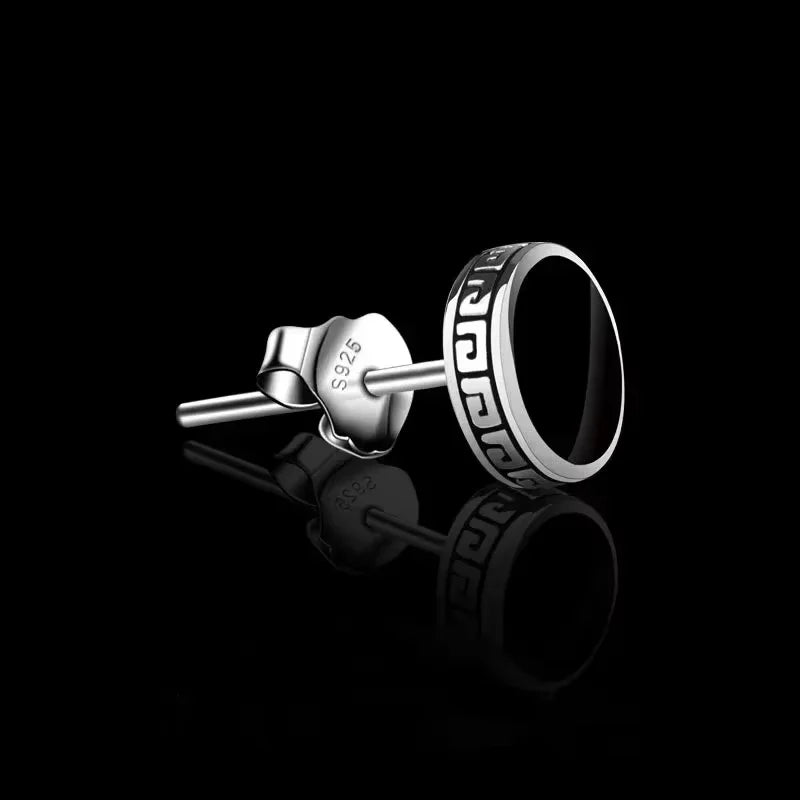 925 Silver Earrings Men Black Circle Single Simple Luxury Earring
