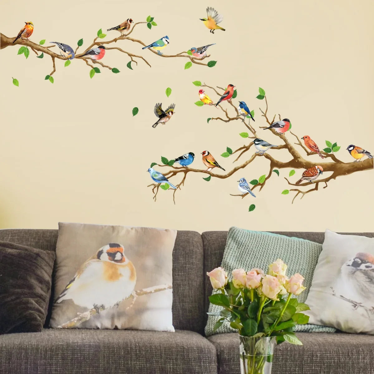 Colorful Birds on Branch Wall Decal | 4pcs Self-Adhesive PVC Art Sticker Set