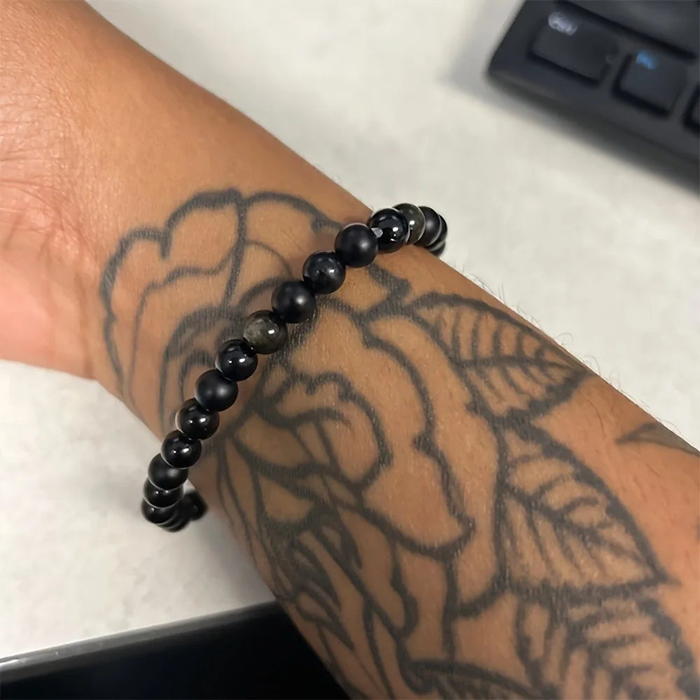 Triple Protection Bracelet | Black Natural Stone with Golden Obsidian