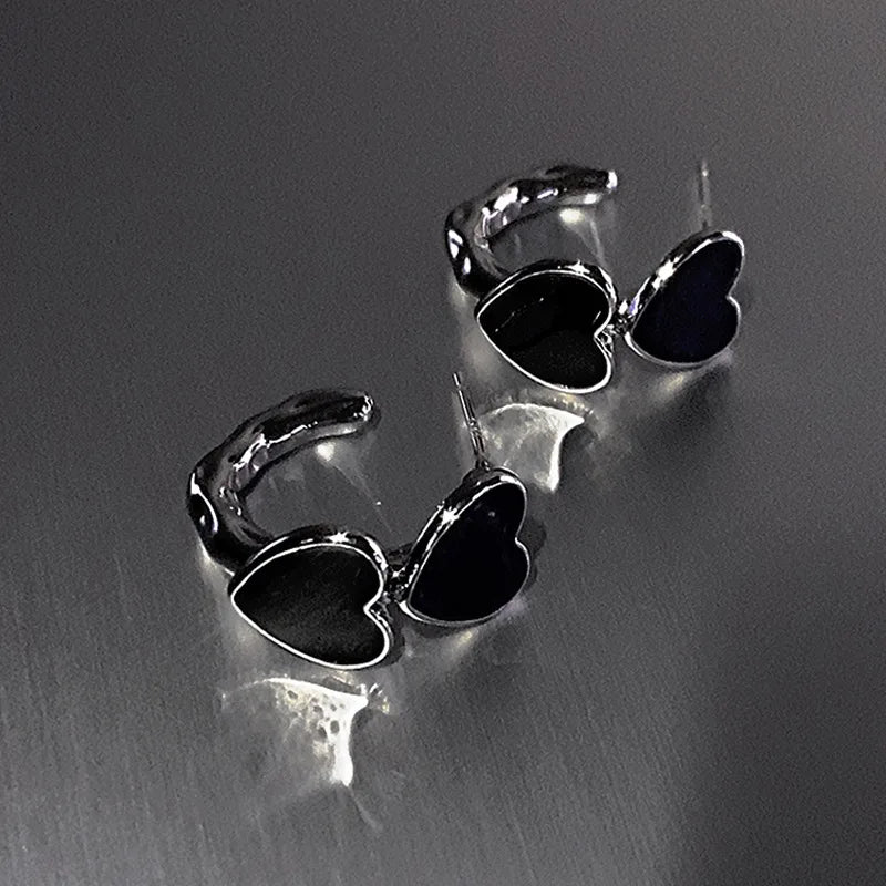 Vintage Goth Black Enamel Heart Stud Earrings | Dark Aesthetic Hollow Metal C-Shaped Jewelry