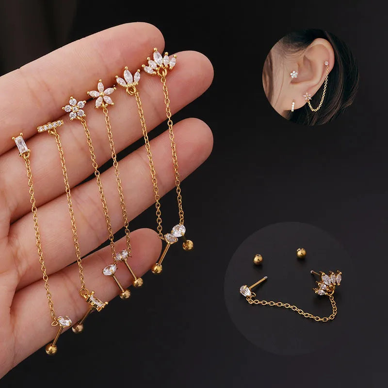 3PCS Stainless Steel Zircon Flower Star Ear Stud Earrings Set | 14K Gold Plated Chain Cartilage Piercing Earrings for Women