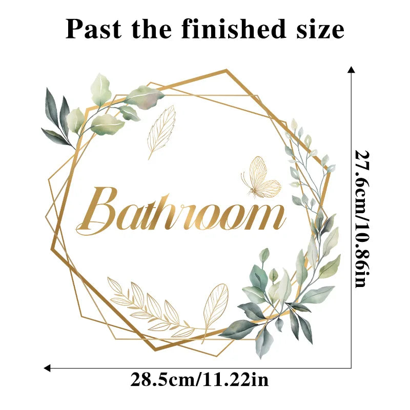 Green Plant Toilet Door Sticker Golden Letter Removable Self-adhesive Waterproof PVC Bathroom Decoration Decal