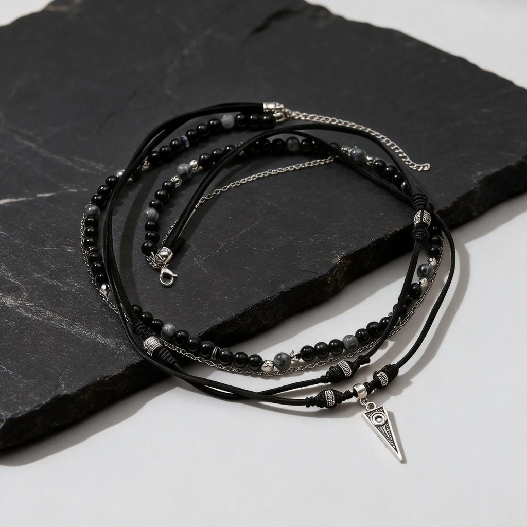 Multi-Layer Black Leather Necklace | Rock Punk Geometric Pendant for Men
