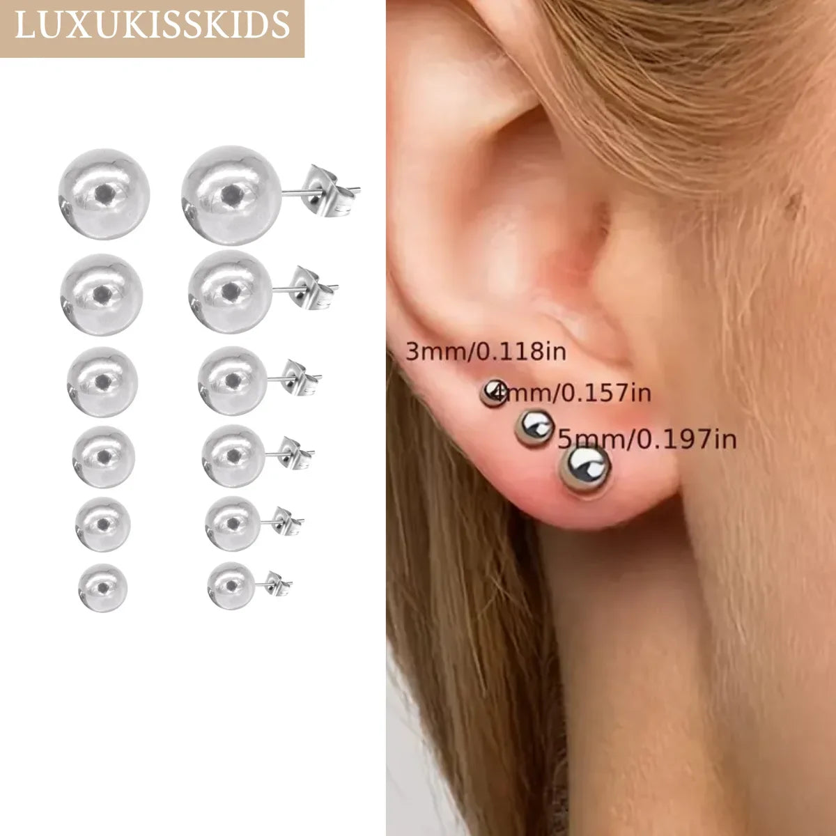 Stainless Steel Ball Stud Earrings Set 6 Pairs | Minimalist Round Clip Earrings for Women Girls
