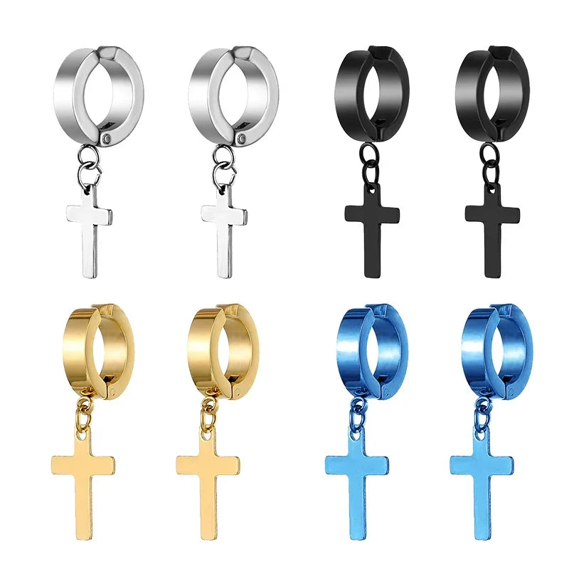 Stainless Steel Clip On Cross Earrings | Non Piercing Gothic Punk Jewelry for Men Women