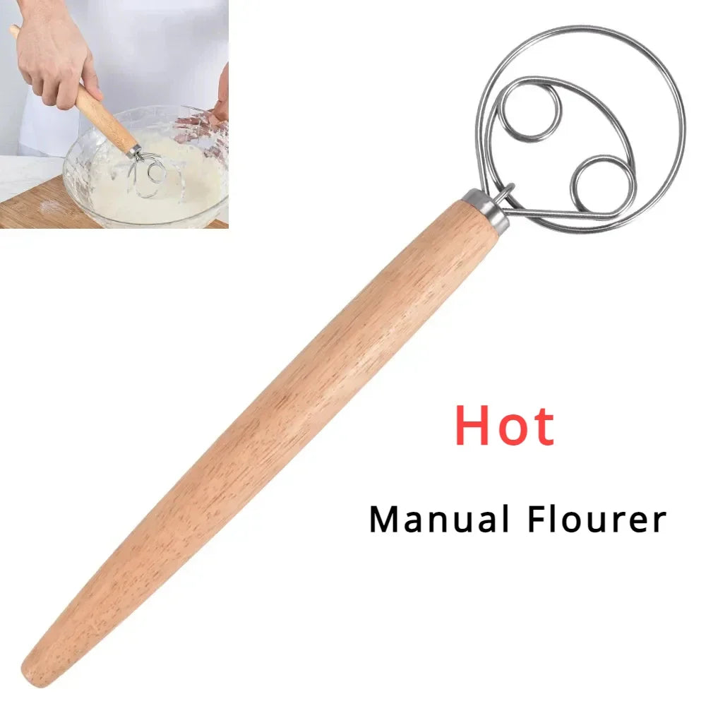Stainless Steel Danish Dough Whisk | Wooden Handle Bread Mixer for Baking