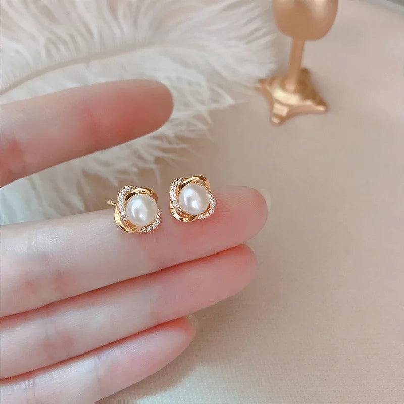 14k Gold Zircon Pearl Twist Stud Earrings | Luxury Women's Jewelry