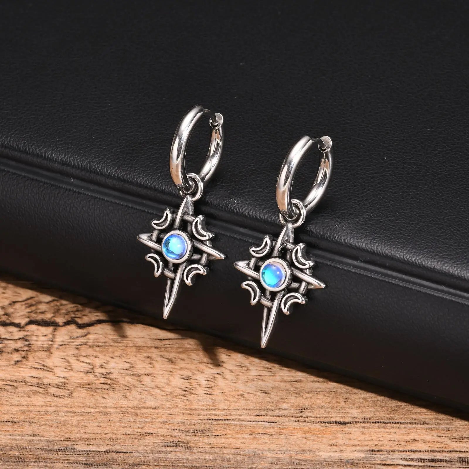 Moonstone Stainless Steel Hoop Earrings for Men | Waterproof Hip Hop Jewelry Gift