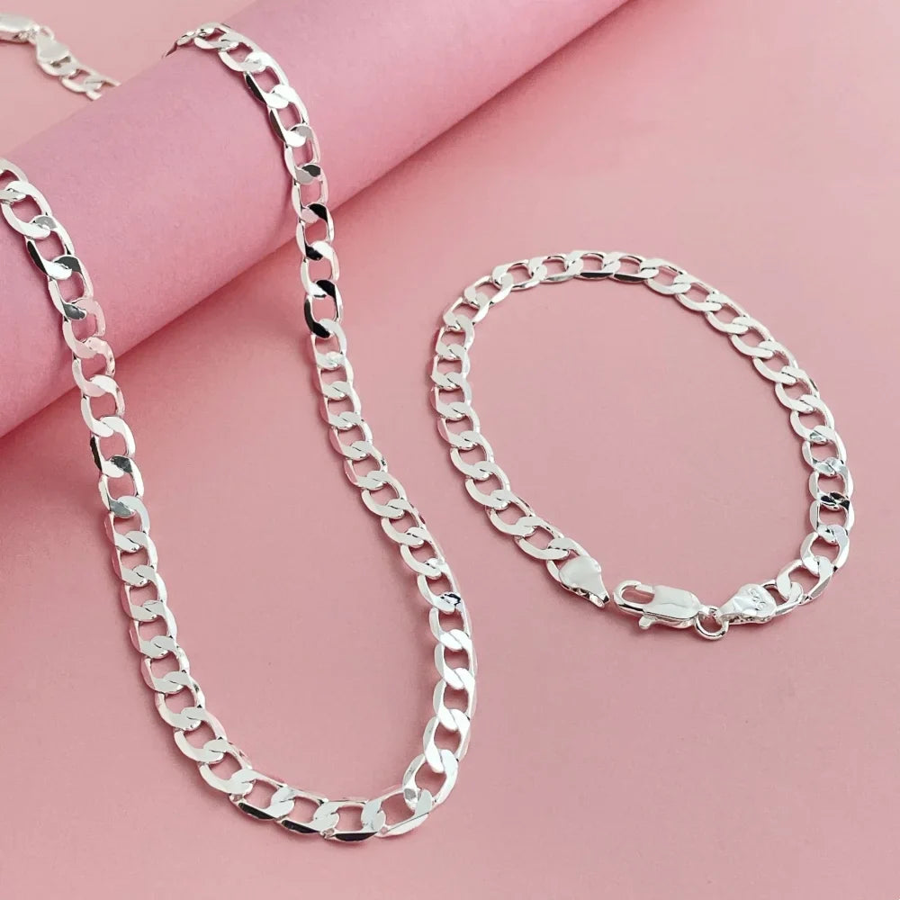 925 Sterling Silver 6mm Cuban Link Necklace and Bracelet Set | Unisex Classic Jewelry