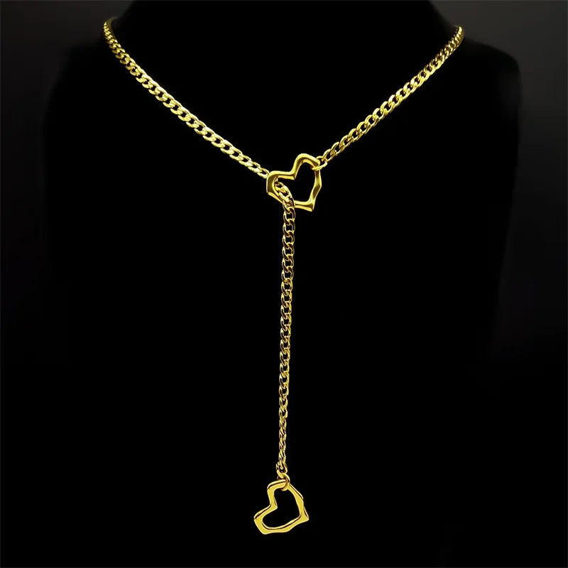 Heart O-ring Long Chain | Stainless Steel Punk Rock Y-Necklace for Men and Women