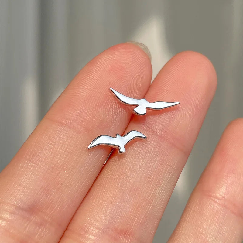 Asymmetrical Small Seagull Earrings | Delicate Stylish 925 Silver Bird Jewelry