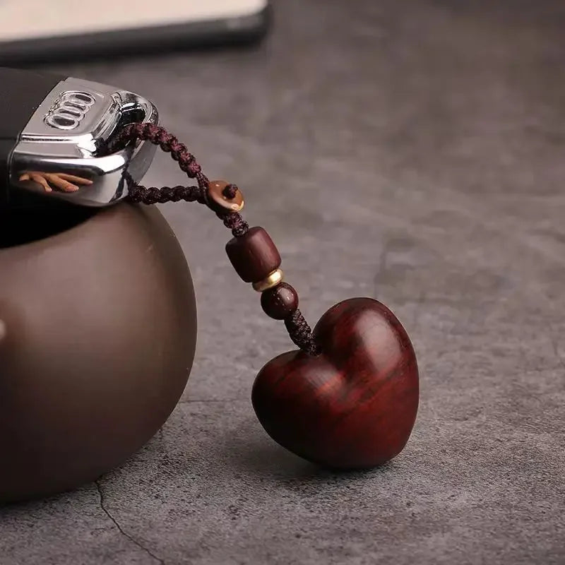 Creative Simple Rosewood Red Love Keychain | Hand-woven Solid Wood Phone Charm for Couples