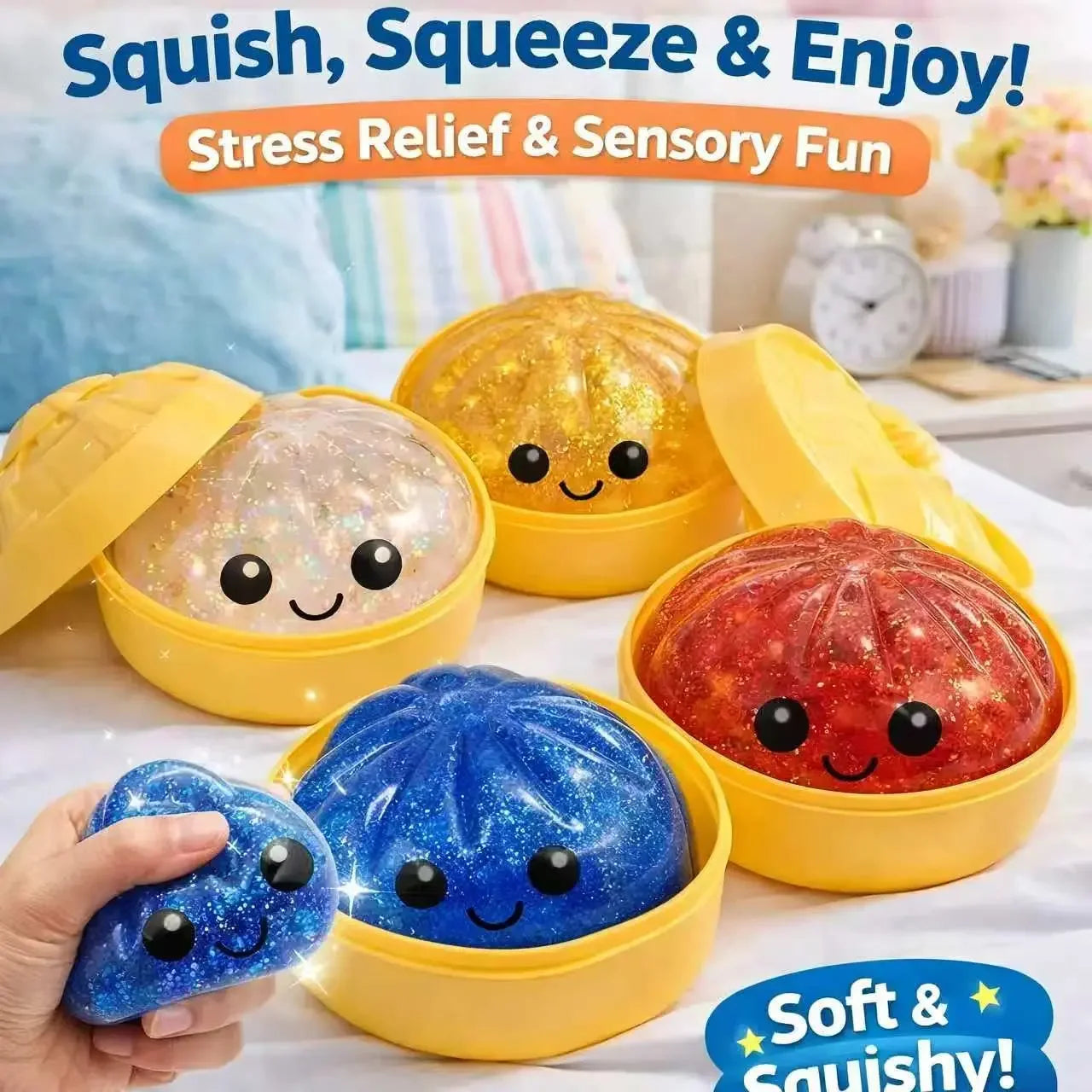 Steamed Bun Squeeze Toy | Simulation Bao Stress Relief Fidget with Beads and Sparkles