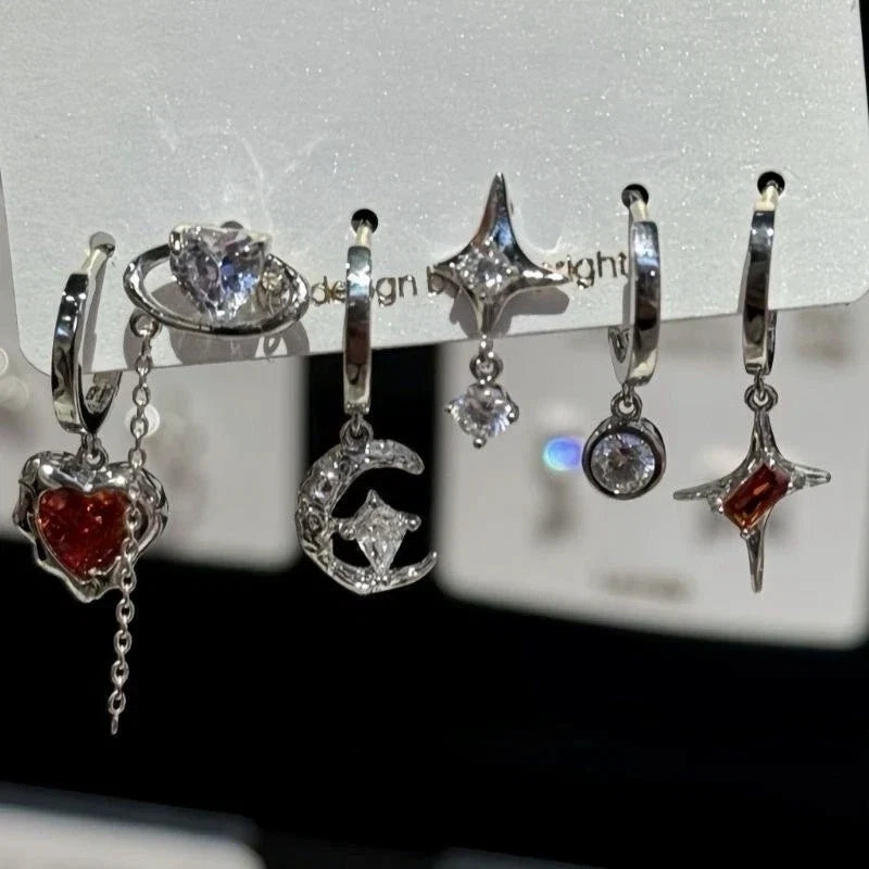 6PCS Goth Punk Vintage Aesthetic Crystal Heart Moon Cross Star Pendant Earrings Set | Grunge Y2K Jewelry
