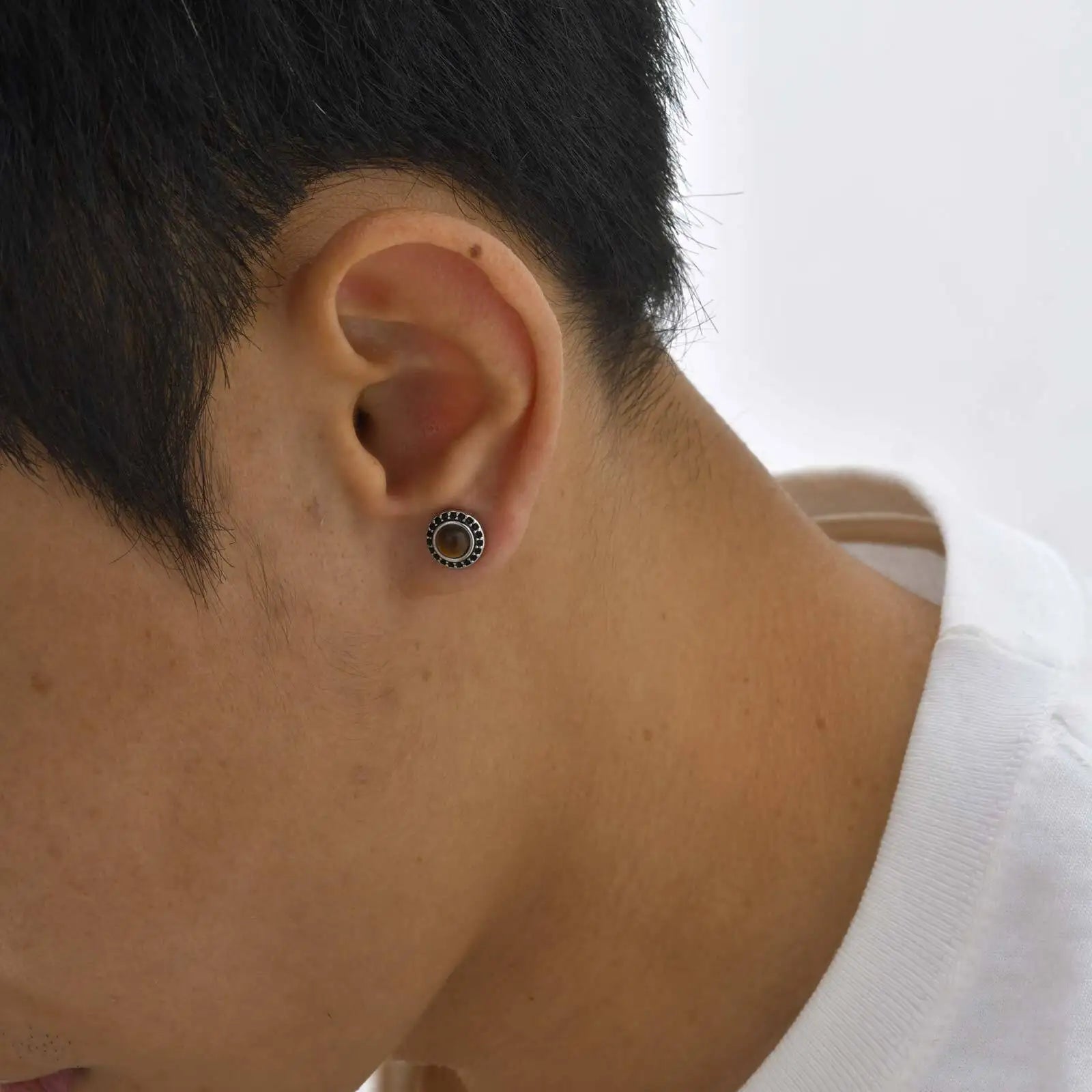 Men's Tiger Eye Stone Stud Earrings | Natural Gemstone Punk Earrings for Men