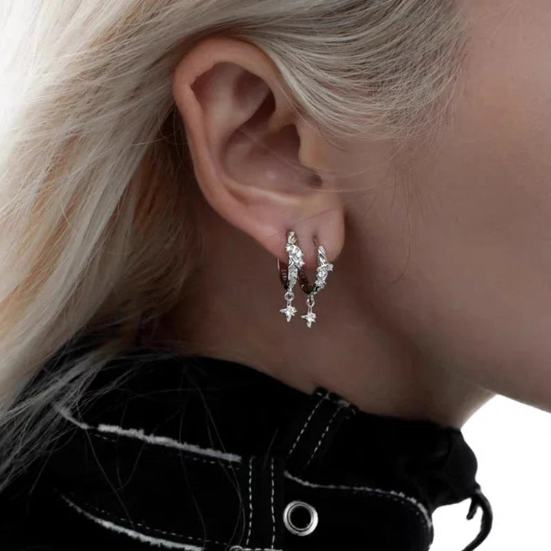 Metal Four Star Hoop Earrings for Women | Simple Zircon Geometric Circle Earrings