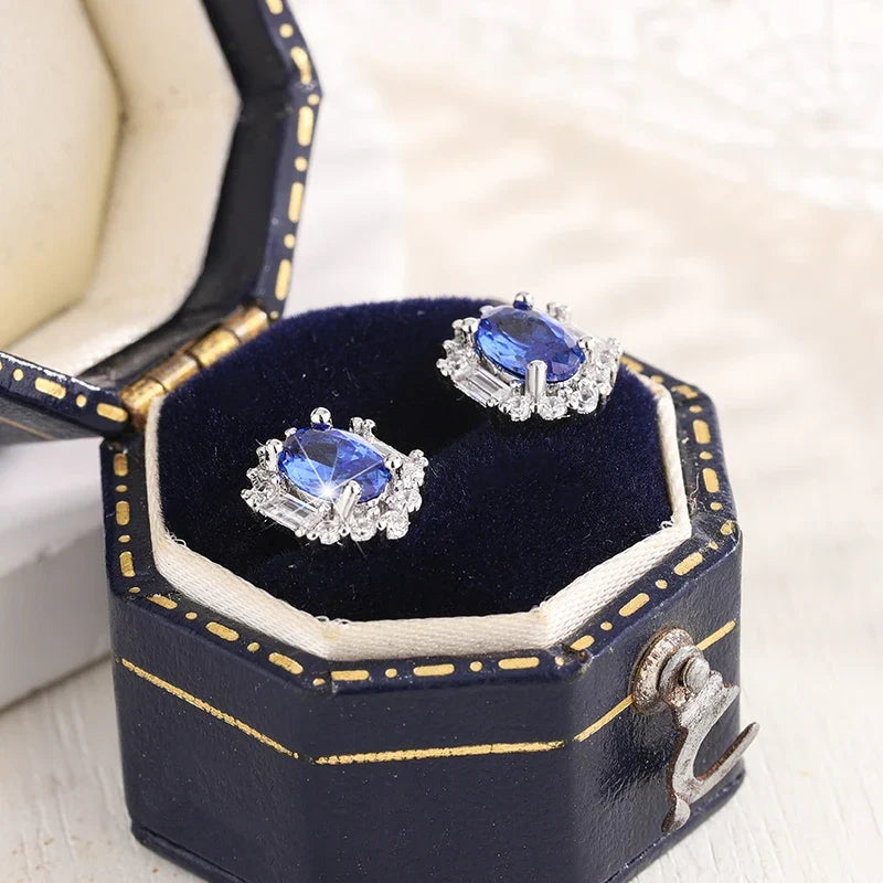S925 Sterling Silver Sapphire Stud Earrings | Women's Fine Jewelry Gift