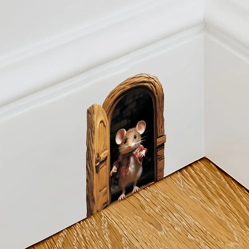 Whimsical 3D Mouse Hole Wall Decal | Adorable Red-Coated Mouse Peeking Design PVC Sticker