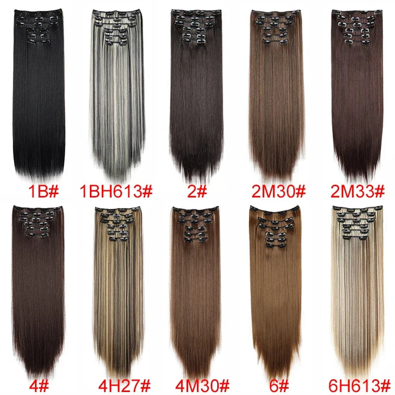 Synthetic 24 Inch Clip In Hair Extensions | Long Straight Blonde Black Heat Resistant Daily Use