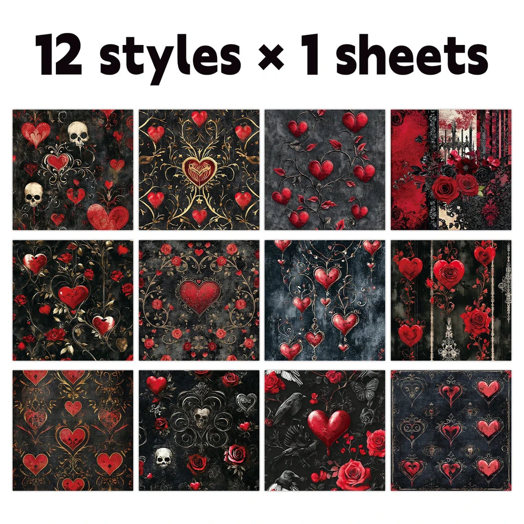 12pcs Gothic Love Themes Decor Paper | Valentine's Day Gift Wrapping and Scrapbooking Supplies
