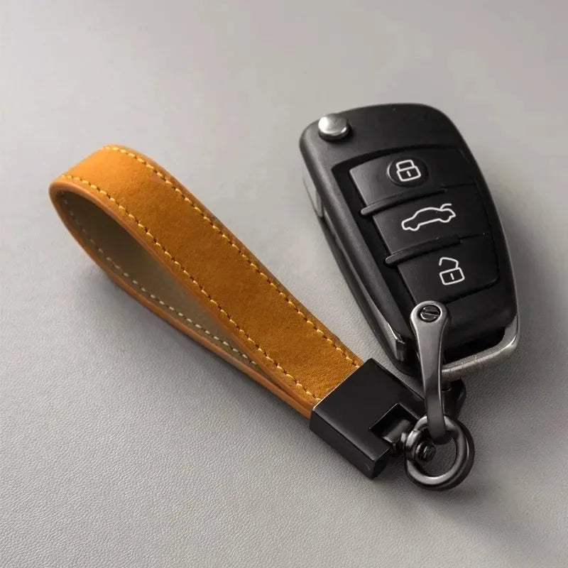 Luxury Genuine Leather Car Keychain | Pure Color Key Ring with Metal Buckle