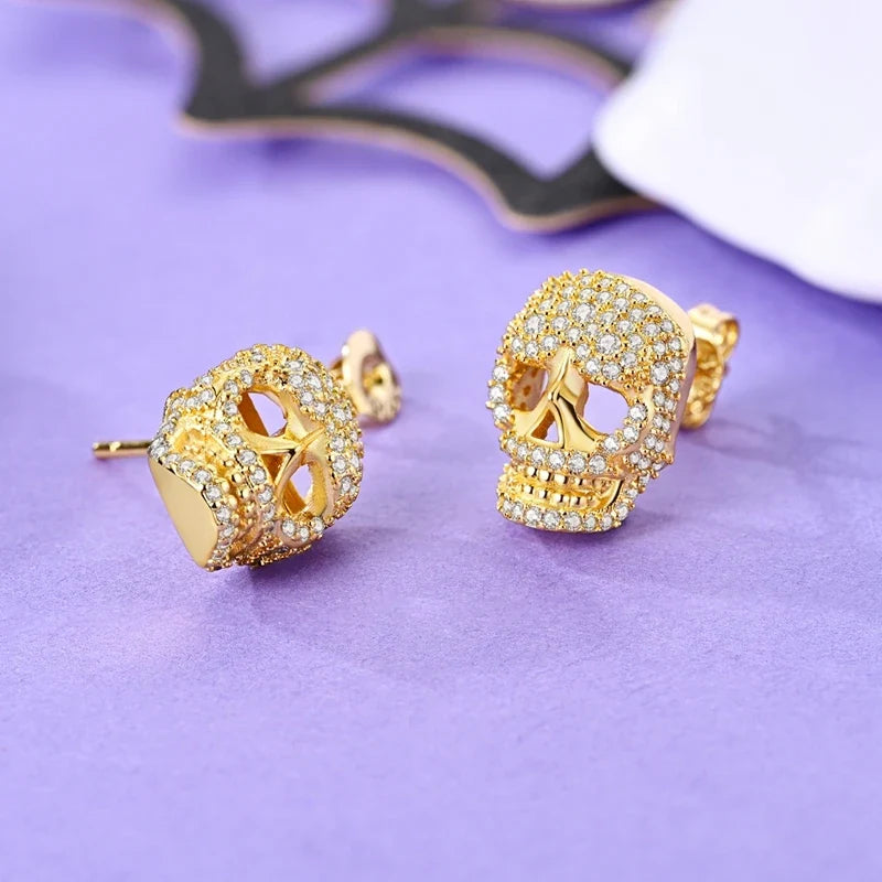 925 Sterling Silver Skull Stud Earrings | Shiny Gold Finish for Women