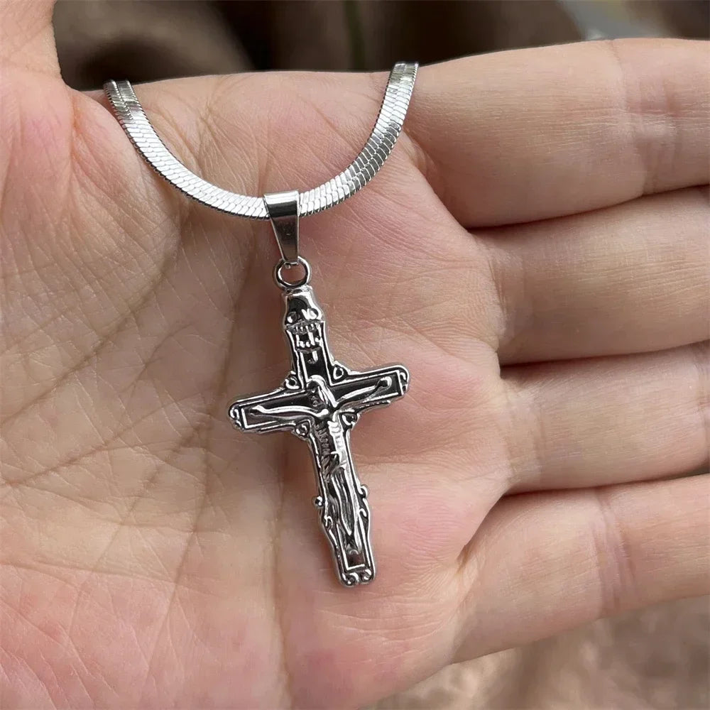 Stainless Steel Jesus Cross Necklace | Christian Pendant Jewelry for Men and Women