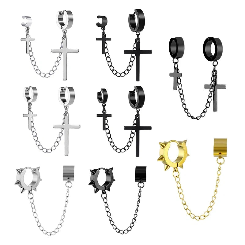 Cross Tassel Clip Earrings | Unisex Punk Hoop Earrings with Chain