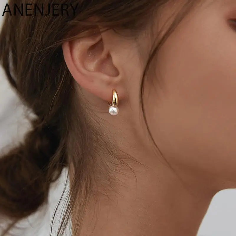 ANENJERY Imitation Pearl Hoop Earrings | Round Cubic Zirconia Jewelry for Women