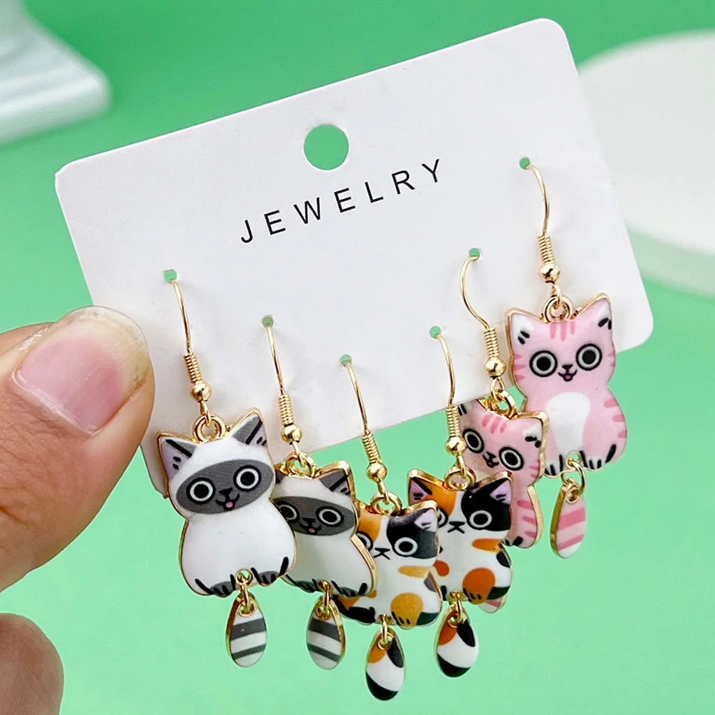 Fashionable Enamel Cat Earrings Set | 3 Pairs Cute Cartoon Drop Earrings for Women and Girls