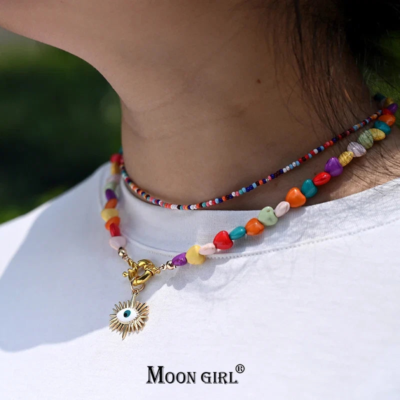 Heart Choker Necklace with Colorful Beads | Bohemian Eye Pendant Set for Women