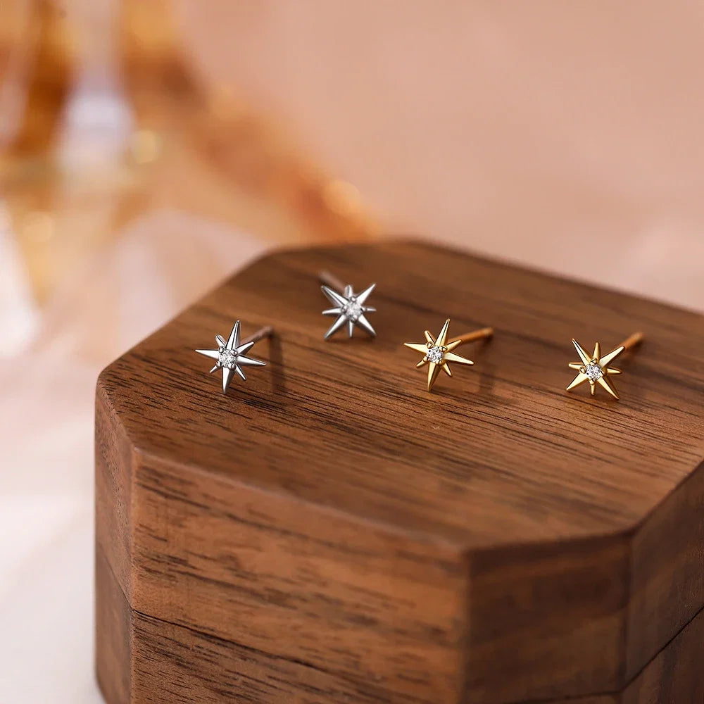 925 Sterling Silver Geometric Eight Star Stud Earrings | Fine Zircon Jewelry for Women
