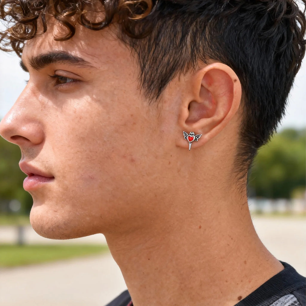Stainless Steel Heart Zircon Wings Stud Earrings | Unisex Vintage Punk Gothic Jewelry