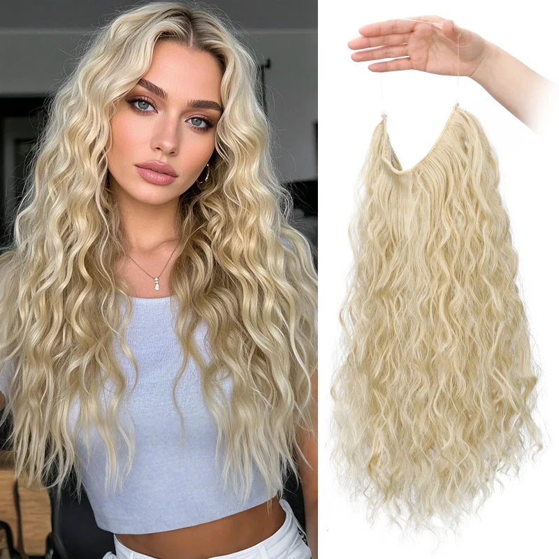 Long Synthetic Fishing Line Hair Extensions Elegant Water Wave Curly Styles for Women | Lightweight Fluffy-Looking Hairpiece